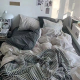 elvesmall Simple Bedding Set Plaid Sold Color Single Queen Size Duvet Cover No Filling Boys Girls Flat Sheet Pillowcase Kit