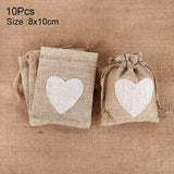 elvesmall 10Pcs Natural Linen Burlap Bag Heart Jute Drawstring Candy Gifts Packaging Bags For Wedding Birthday Party Decor Jewelry Pouches