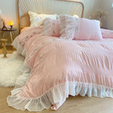 elvesmall Pink Korean Princess Style Lace Ruffles Wedding Bedding Set Seersucker Washed Cotton Soft Duvet Cover Set Bed Sheet Pillowcases
