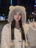 elvesmall A Winter Cute Bear Ear Warm Hat Women Plush  Beanie Hat Girls Windproof  Cap