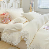 elvesmall  Solid Color Bedding Set with Lace Edge Princess Style Pink Bed Cover Set Queen/King Bed Sheet Sets for Girls Double Bedding Sets