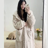 elvesmall  Pocket Robe for Women Sleepwear Winter Nightdress Night Wears Warm Fleece Pajama One Piece Nightgown Hooded Sleeping Homewear