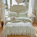 elvesmall Beige Egyptian Cotton Bedding Sets Luxury Princess Chiffon Lace Bedclothes Rose Embroidery Duvet Cover Bed Sheet Pillowcases