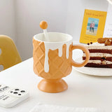 elvesmall  -  Office Ceramic Water Mug Cream Ice Cream Coffee Cup with Stirring Spoon Ceramic Cup Ins High Beauty Personalized Milk Cup