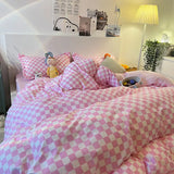 elvesmall Blue Checkerboard Print Bedding Sets Nordic Duvet Cover Simple Lattice Quilt Cover Bed Sheet For Kdis Adults Bedclothes