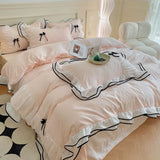 elvesmall  Korean Seersucker Bedding Set Princess Girls Lace Ruffled Bow Duvet Cover Double Bed Sheets Washed Cotton Twin Queen Quilt Cover