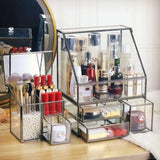 elvesmall Hersoo Glass Antique Brass Stackable Drawer Set Makeup Organizer for Vanity Antique Countertop Vanity Cosmetic Storage Box