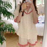 elvesmall  Floral Sleepwear Women Pajama Sets Summer Piiama Korean Pocket Short Sleeve Home Suit 2 Pieces Ruffle Night Wears Pyjamas New