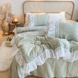 elvesmall Pink Korean Princess Style Lace Ruffles Wedding Bedding Set Seersucker Washed Cotton Soft Duvet Cover Set Bed Sheet Pillowcases