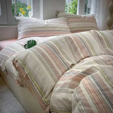 elvesmall Ins Stripe Color Cotton Bedding Set Twin Full Queen Size Bed Linen Girls Adult Floral Bed Flat Sheet Pillowcase Cream Style