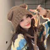 elvesmall Autumn Winter Cute Bear Ear Thermal Knitted Hat Women with Tape Ear Protection Beanie Hat Japanese Korean Versatile Skullies Hat