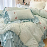 elvesmall  Princess Soft Seersucker Bedding Set Girls Elegant Lace Duvet Cover With Sheet Soft Washed Cotton French Romantic Home Textiles