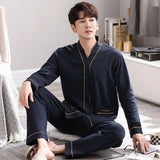 elvesmall  Men Pajamas Suit Long sleeved Pure Cotton Simple Casual Cardigan V-neck Homewear Set All Plus Size Breathable Autumn Sleepwear