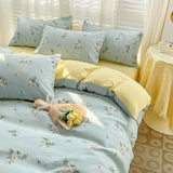 elvesmall Double-layer Cotton and Linen Bedding Set Four-piece Floral Washed Cotton Quilt Cover Net Celebrity Bed Sheet Student BeddingSet