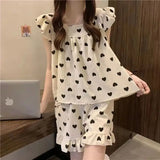 elvesmall  Heart Print Women Pajamas Sets for Home Summer Sleepwear Shorts Sleeve 2 Pieces Night Wears Korean Square Collar Home Suit