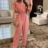 srczz New Commute Ruffles Pencil Pant Playsuits Elegant O Neck Solid Color High Street Jumpsuit Fashion Short Sleeve High Waist Romper