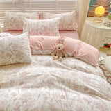 elvesmall Double-layer Cotton and Linen Bedding Set Four-piece Floral Washed Cotton Quilt Cover Net Celebrity Bed Sheet Student BeddingSet