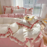 elvesmall  Pink Kawaii Bedding Set, Princess Ruffle Bed Covers, Full Set, Washed Cotton Quilt Cover, Sheet, Pillowcase Decor Bedroom