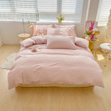 elvesmall Solid Color Duvet Cover Set Twin Queen, 100% Washed Cotton Bedding Set Soft Comfy 4 Pcs-1 Quilt Cover,1 Flat Sheet,2 Pillowcase