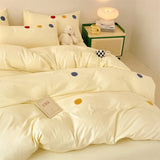 elvesmall INS Cream Solid Color Girls Bedding Set Soft Washed Cotton Quilt Cover Flat Sheet Pillowcase Girls Kids Bed Linens Decor Home