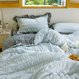 elvesmall  Princess Seersucker Kawaii Bedding Set Lovely Ruffles Girl Duvet Cover Set Solid Color Soft Comfortable Bed Sets