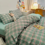 elvesmall  3/4Pcs Skin Friendly Microfiber Duvet Cover Set, Washed Cotton Craft, Double Queen King Plaid Bed Cover Bed Linen Bedding Set