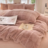 elvesmall  Faux Rabbit Fur Autumn Winter Warm Bedding Set Plush Skin Friendly Breathable Warmth Duvet Cover Set Queen Cozy Quilt Cover Sets