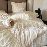 elvesmall High End Egyptian Cotton Bedding Sets Luxury Beige Jacquard Satin Duvet Cover Bed Sheet Pillowcases Chiffon Lace Quilt Cover