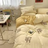 elvesmall Cute Bear Embroidery Bedding Set Lovely Cartoon Sheep Single Double Duvet Cover Set Soft Skin Friendly Quilt Cover Pillowcase