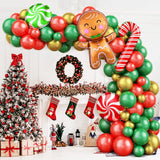 elvesmall Christmas Balloon Garland Arch Chain Set Red Green Gold Candy Balloons with Gingerbread Man Candy Cane and Lollipop Decorations