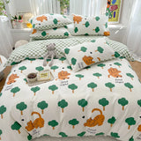 elvesmall  Kawaii Kids Bedding Set Soft Cotton Flat Fitted Sheet Duvet Cover Pillowcases Single Queen Cartoon Boy Girls Dormitory Bed Linen