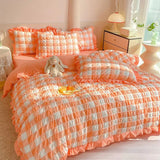 elvesmall INS Princess Seersucker Bedding Sets Ruffle Lace Duvet Cover Flat Sheet Pillowcases Soft Washed Cotton Bed Linen For Girls