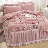 elvesmall  Princess Girl Pink Bedding Skirt Sheet With Lace Korean Solid Color Bed Cover Pillowcase Decor Bedroom Wedding Couple Bedclothes