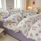 elvesmall Washed Cotton Four-piece Bedding Set Purple Grape Bed Sheet Duvet Cover Pristine Pillowcase for Adults and Kids Home Textiles