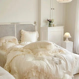 elvesmall  100%Cotton 1000TC French Vintage Chic Bedding White Ruffle Lace Comforter Cover Soft Bed Sheet 2 Pillowshams Double Queen King