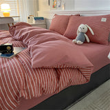 elvesmall Japan Style Stripe Queen Size Duvet Cover Set with Sheets High Quality Skin Friendly Bedding Set King Single Double Bedding Sets
