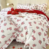 elvesmall  King Size Bedding Set 100% Cotton Red Wedding Bedding Set Floral Printed Bed Linen Duvet Cover Set Bed Sheets and Pillowcases