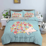 elvesmall Hedgehog Duvet Cover Set 3D Cartoon Hedgehog Flower 2/3PCS Bedding Set Kids Boys Girls Animal Queen Size Polyester Quilt Cover