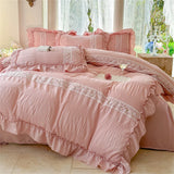elvesmall Korean Style Bed Set Seersucker Flower Embroidery Four Piece Set With Lace Bed Flat Sheet Pillowcase Duvet Cover Set Textiles