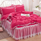 elvesmall  Princess Girl Pink Bedding Skirt Sheet With Lace Korean Solid Color Bed Cover Pillowcase Decor Bedroom Wedding Couple Bedclothes