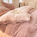 elvesmall Faux Rabbit Fur Autumn Winter Warm Duvet Cover Set with Bed Sheet Quilt Cover and Pillowcase Queen Plush Bedding Set Soft Warmth