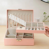 elvesmall 1pcs Double Layer Storage Box Ladies Princess Simple Style Leather Flip Type Jewelry Box Travel Home Portable Jewelry Box