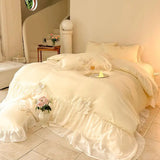 elvesmall Chic Ruffle Lace Edge Sweet Princess Style Nature Soft Skin Friendly 4pcs Bedding set Bed Sheet Pillowcases Twin Queen King