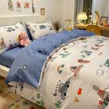 elvesmall  Kawaii Kids Bedding Set Soft Cotton Flat Fitted Sheet Duvet Cover Pillowcases Single Queen Cartoon Boy Girls Dormitory Bed Linen