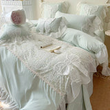 elvesmall Korean Princess Bedding Set Lace Bow  Beauty Solid Color Lace Ruffle Quilt Cover Luxury Girls Wedding Home Textiles Duver Cover