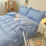 elvesmall Euro Solid Color Ruffle Bedding Sets Girl Couple Fluffy Queen Duvet Cover With Bed Skirt Pillowcase Bedroom Comfort 4 Pieces Set