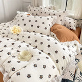 elvesmall French Golden Sunflower Floral Lace Seersucker Bedding Set Washed Cotton Four-piece Set Student Bed Sheet Three-piece Set
