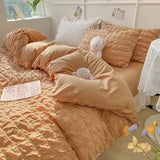 elvesmall Princess Bedding Set  French Style Wash Cotton Solid Color Seersucker Summer Soft  New Bed Sheet Set Comforter Set