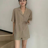 elvesmall  Women Pajamas Sets for Home Summer Solid Sleepwear Shorts Sleeve Turn Down Collar 2 Pieces Night Wears Korean Home Suit New