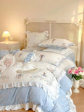 elvesmall  Embroidered Milk Fiber Vintage Rabbit Four-Piece French Girl Heart Embroided Bed Sheet Quilt Cover